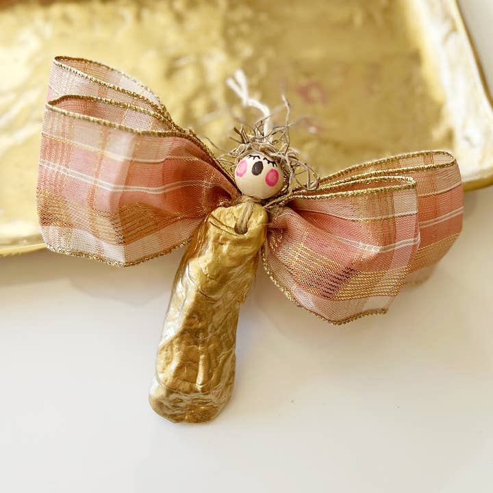 Oyster Angel Ornament - Rose Gold Plaid for wholesale by The Painted Pearl