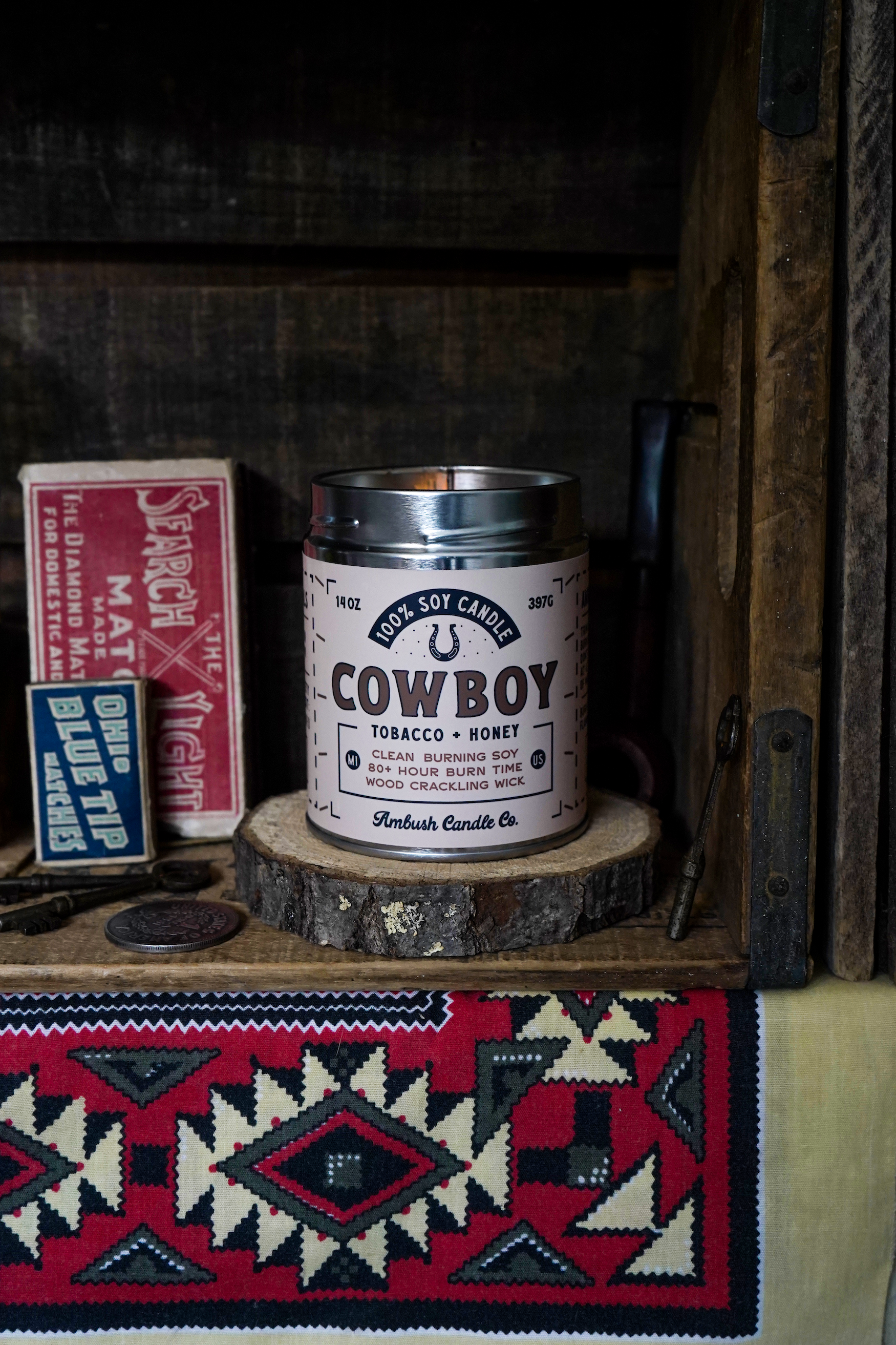 Ambush Candle Co. - Wholesale Jar/Filled Candle - Cowboy | Tobacco + Honey 14oz Soy Candle4
