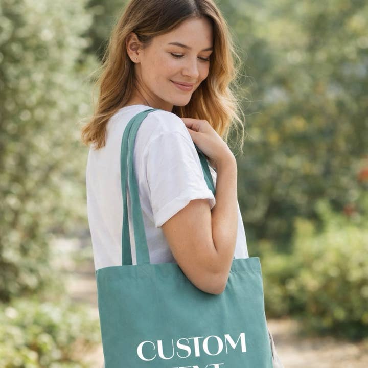 Varsity Custom Organic Tote Bag With Custom Text for wholesale by Lovetree Design