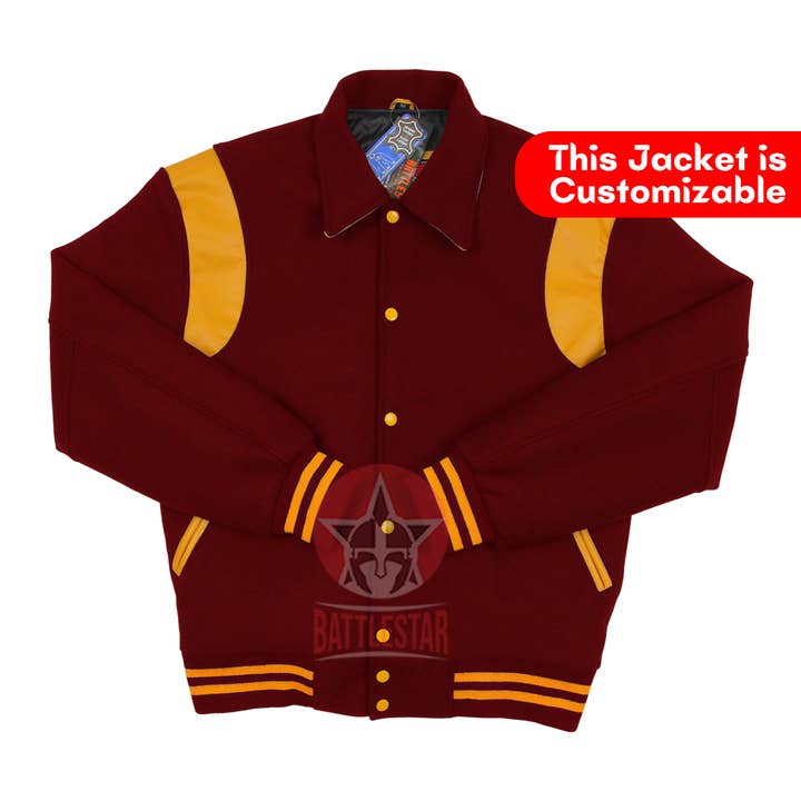 Byron Collar Maroon Wool Gold Yellow Leather Stripes Varsity for wholesale by Eastworth Industries