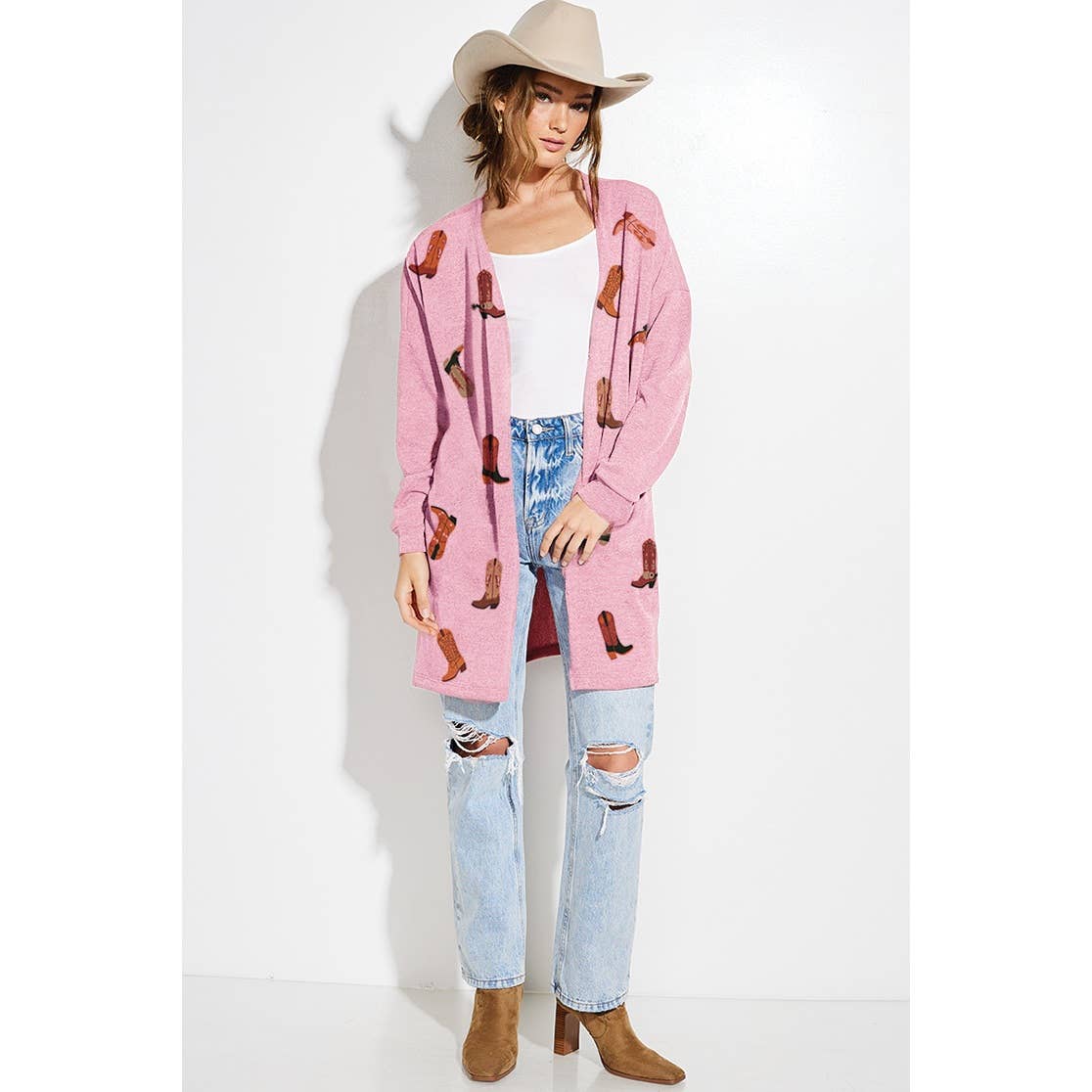 Phil Love - Vente Cardigan – femme - Cardigan de style décontracté en tricot à imprimé de bottes de cowgirl5