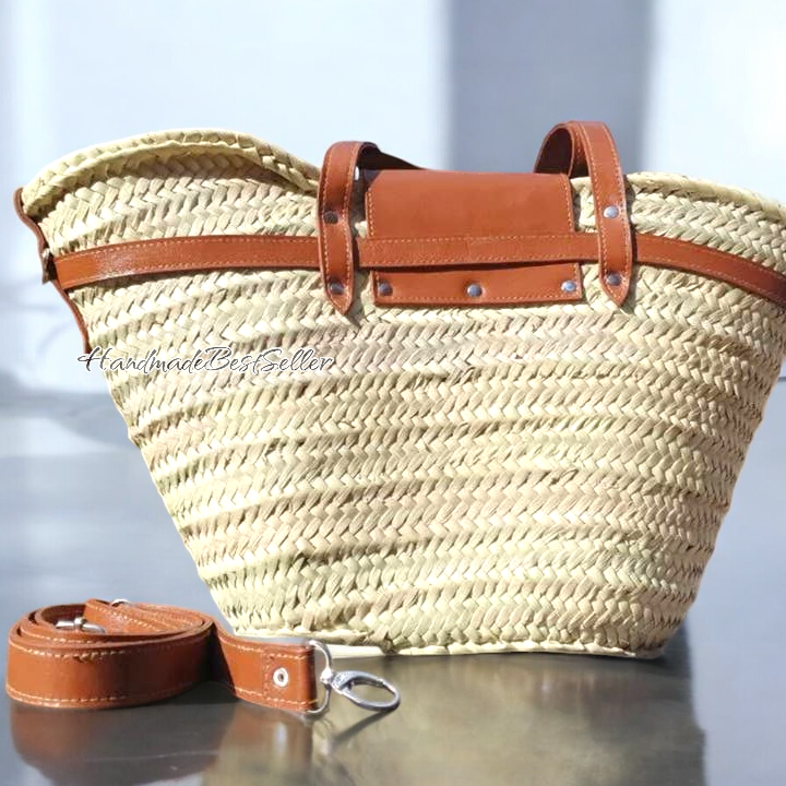 HandmadeBestSeller - Vente Paniers - Sac en paille marocain tissé à la main avec sangles en cuir et fermeture1