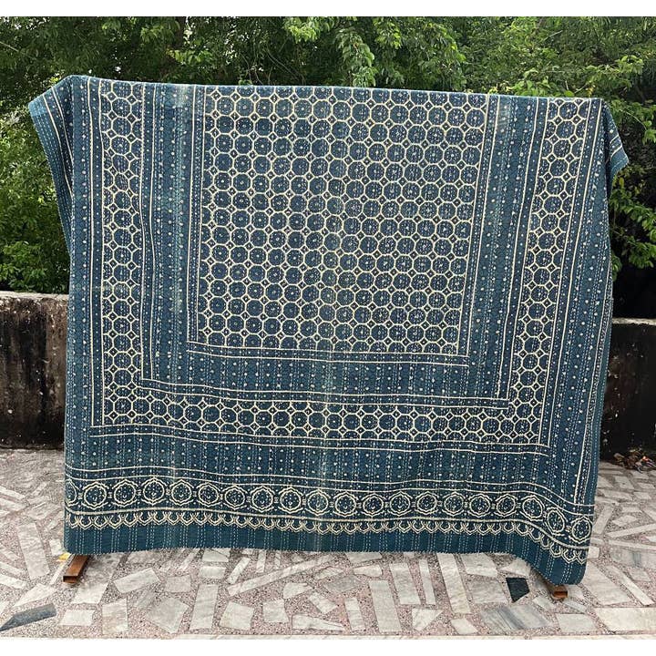 Bhawana Handicrafts - Wholesale Quilt - Indigo Kantha Quilts Block Printed Throw Cotton Bedspread