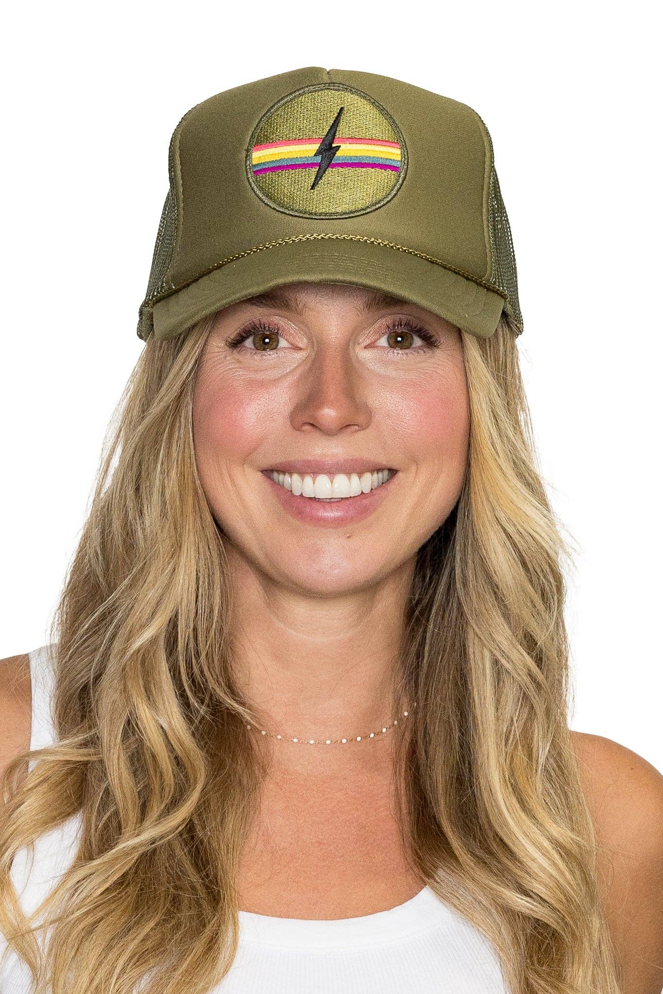 Electric Rainbow Trucker Hat in Olive for wholesale on Faire2