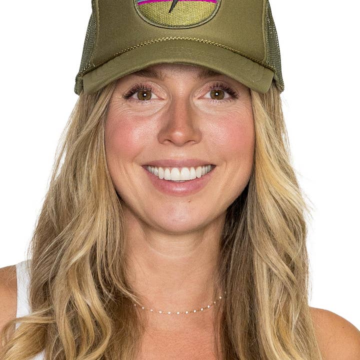 Electric Rainbow Trucker Hat in Olive for wholesale on Faire2