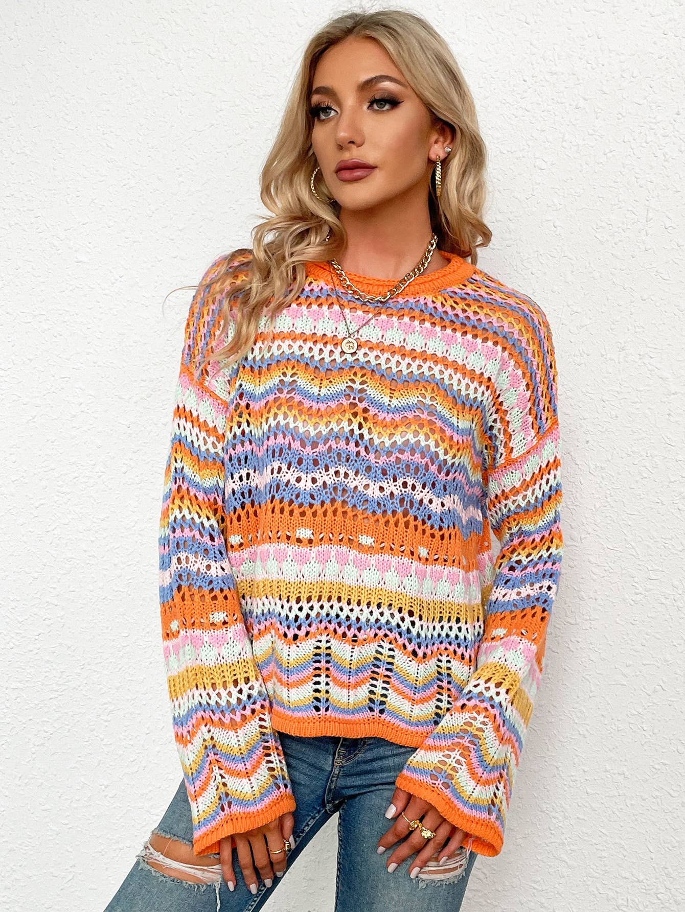 YNIQUE – Engroshandel Pullover - Dame – Kvinders stribe langærmet rund hals sweater toppe12
