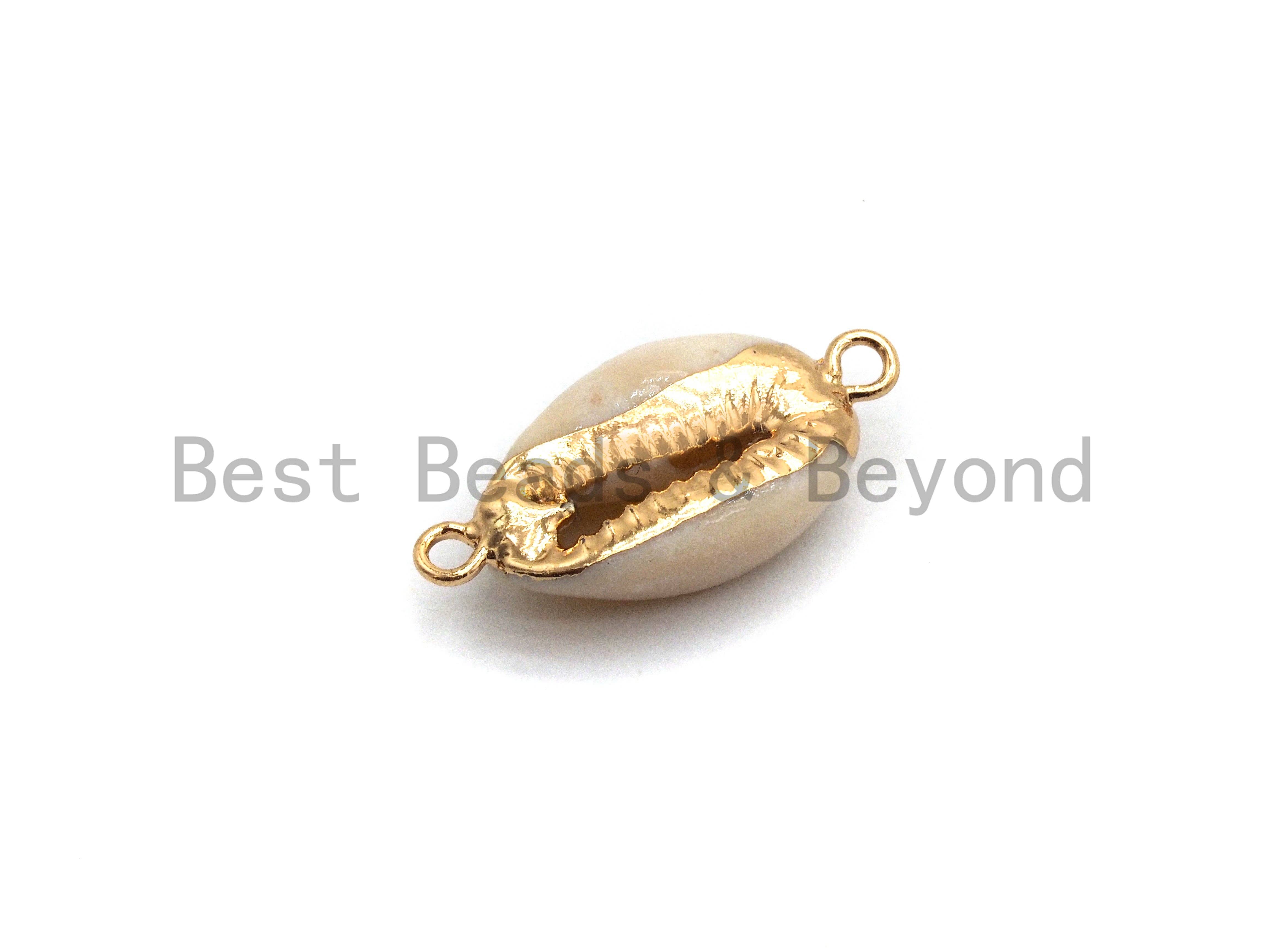 BestBeads&Beyond - Wholesale Individual Charm/Pendant - Gold Plated Cowrie Shell Connector, Double Bails Cowrie, Cowrie Charms, Gold Cowrie, Cowrie Necklace, Boho Charm, 12x24mm, Sku#V382