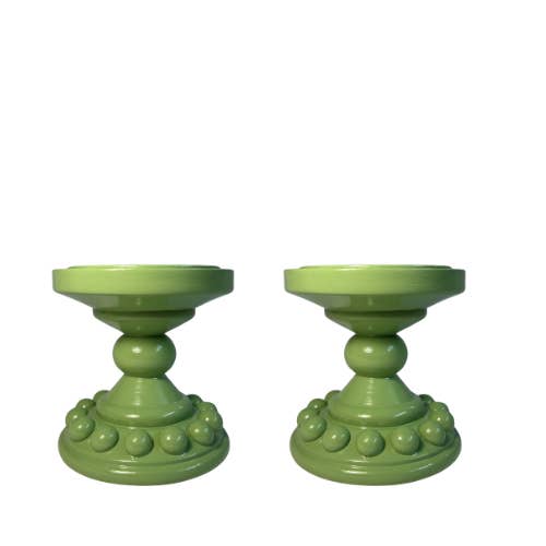 Pair of Light Green Bobbin Candle Holders (Small) for wholesale by Muse Homeware