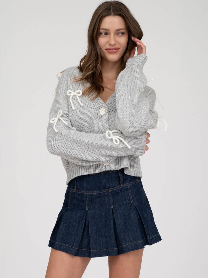 Blu Pepper - Wholesale Cardigan - Women's - BOW DETAIL BUTTON DOWN CROPPED KNIT CARDIGAN
