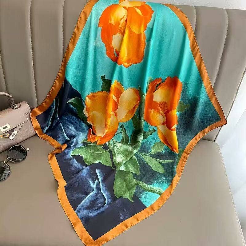 COSMOS - Vente Foulard – femme - Foulard carré 70x70 effet soie – Motif floral orange1
