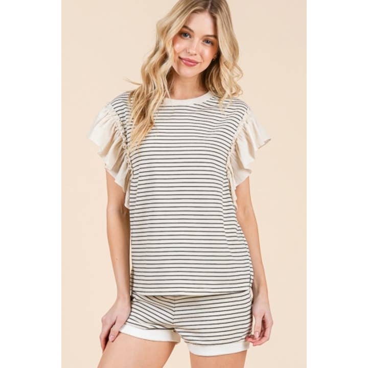 Striped Ruffle Sleeve Round Neck Top & Shorts Set for wholesale by LIME N CHILI