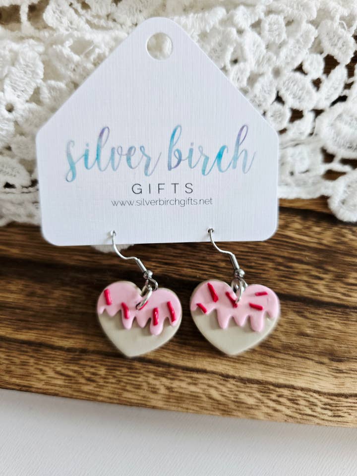 Pink Clay Heart Earrings/ Handmade Sprinkle Dangle Earrings for wholesale by Silver Birch Designs Jewelry