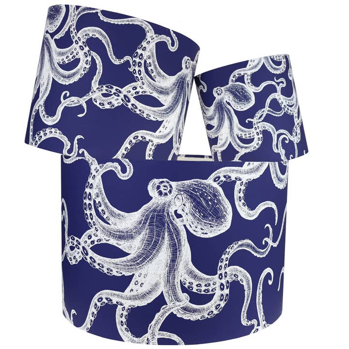 White On Marine Blue Octopus Lampshade for wholesale by Cream Cornwall