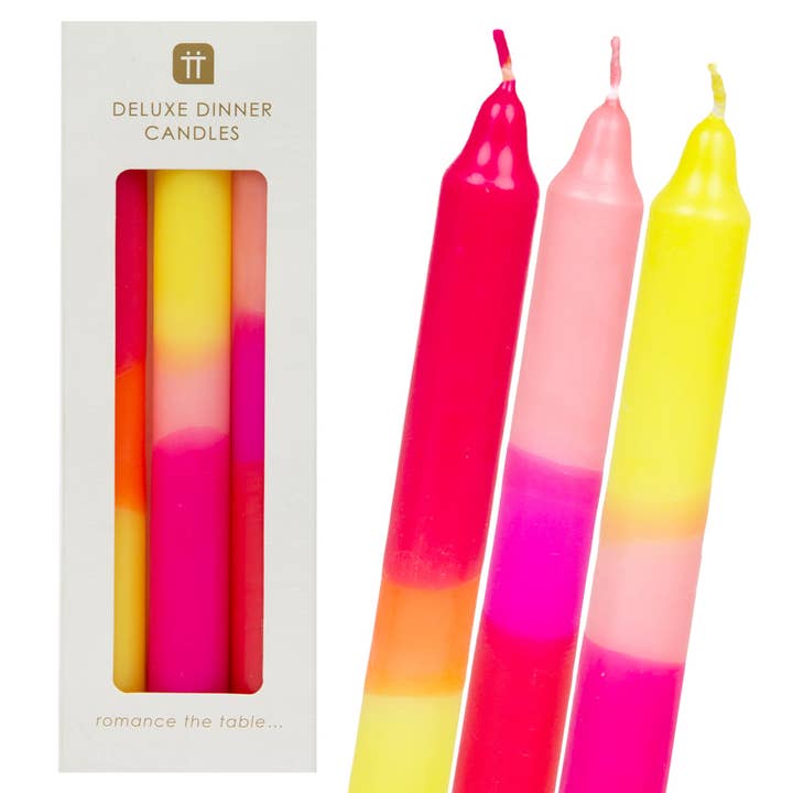 3 Tone Ombre Pink, Yellow & Orange Dinner Candles - 3 Pack | Valentines | for wholesale by Talking Tables UK