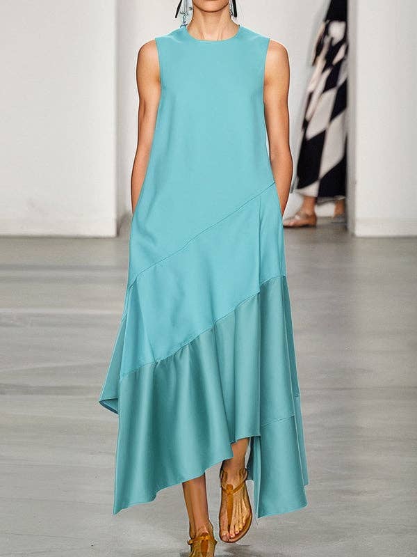 Chicto - Venta al por mayor Vestido - Mujer - Vestidos maxi con cuello redondo, bolsillos asimétricos, sueltos, con volantes y corte en línea A.1