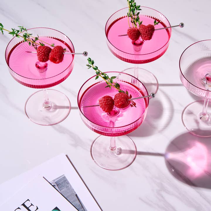 The Wine Savant / Khen Glassware – wholesale Cocktail/liquor glass – Ribbed Coupe Cocktail Glasses 8 oz | Set of 4 (Rose Pink)