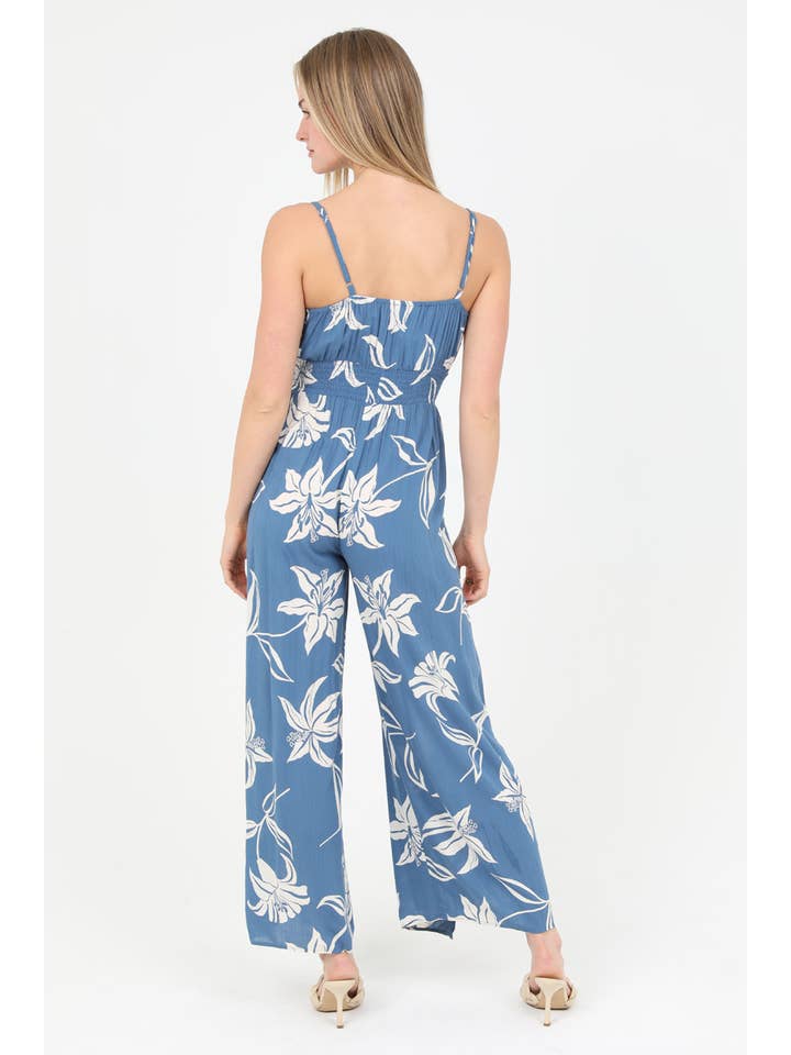 ANGIE - Wholesale Jumpsuit - Women's - B5957-W921 V NECK SLIT LEG JUMPSUIT FLORAL PRINT