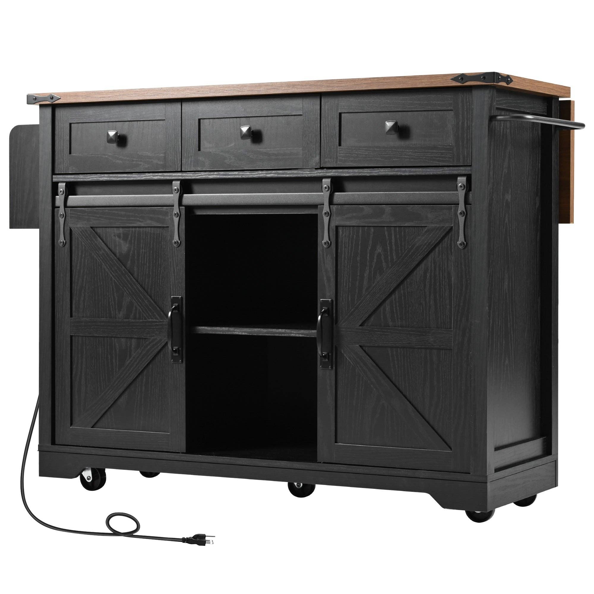 Orange County Decor - Wholesale Kitchen Storage/Organizer - K&K 53.7" Farmhouse Kitchen Island With Power Outlet, 2 Sliding Barn Door Kitchen Storage Island With Drop Leaf, Spice Rack Rolling Kitchen Cart On Wheels, For Home, Kitchen And Dining Room, Black23