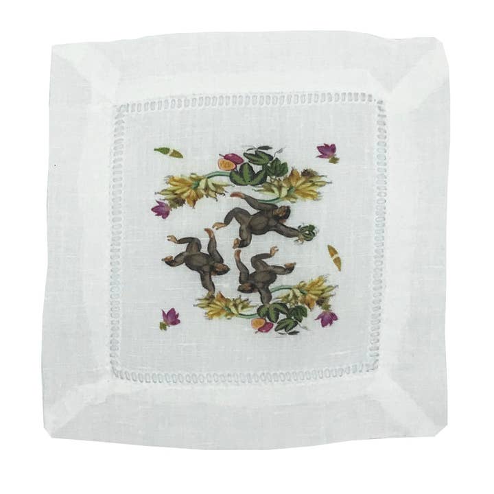 Nicolette Mayer Collection - Venta al por mayor Servilletas de tela - SERVILLETAS DE CÓCTEL CON MONOS COLGANTES 15X15 CM CON HILVÁN, JUEGO DE 4