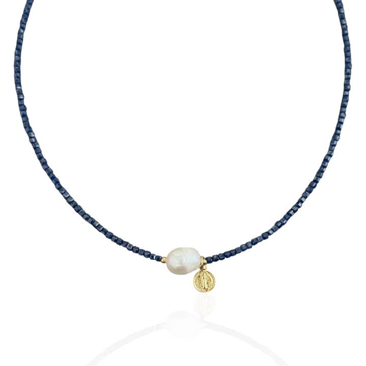 I Am Protected and Guided Saint Benedict & Pearl Necklace for wholesale by Georgina Nicol