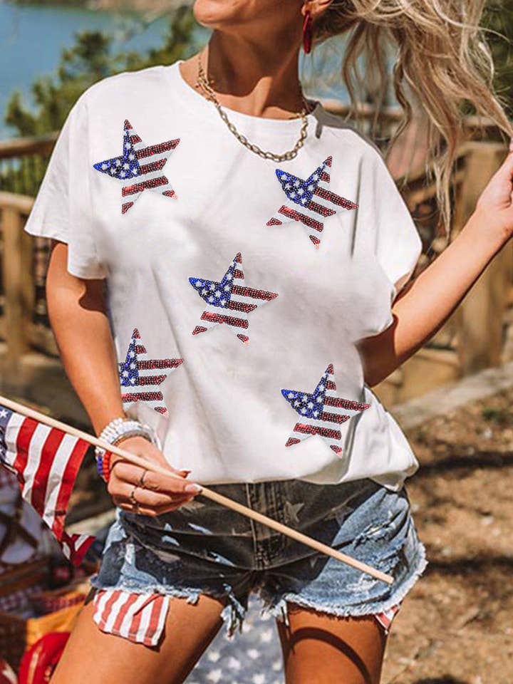 Lovesoft - Wholesale T-Shirt - Women's - Multicolor Sequined American Flag Star Graphic T Shirt