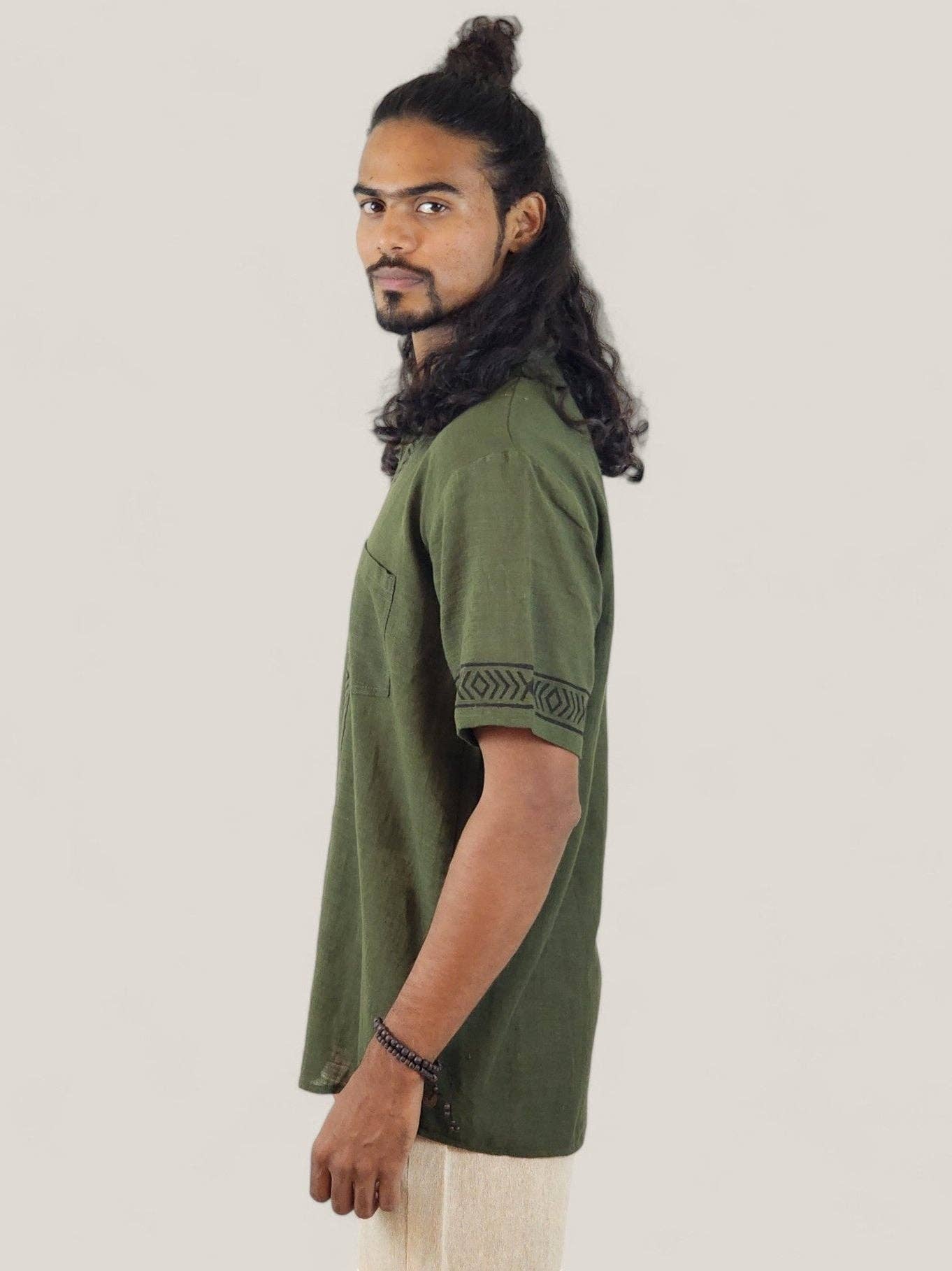 Sacred Ceremony - Wholesale Button Down Shirt - Men's - Men's Green Organic Linen Short Sleeve Block-Printed Button-Down Shirt8