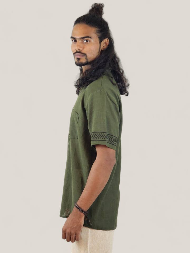 Sacred Ceremony - Wholesale Button Down Shirt - Men's - Men's Green Organic Linen Short Sleeve Block-Printed Button-Down Shirt8