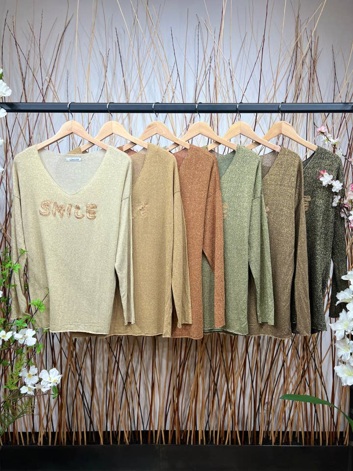 Smile Lurex Style Long Sleeve V-Neck T-Shirt for wholesale by L'Emotion