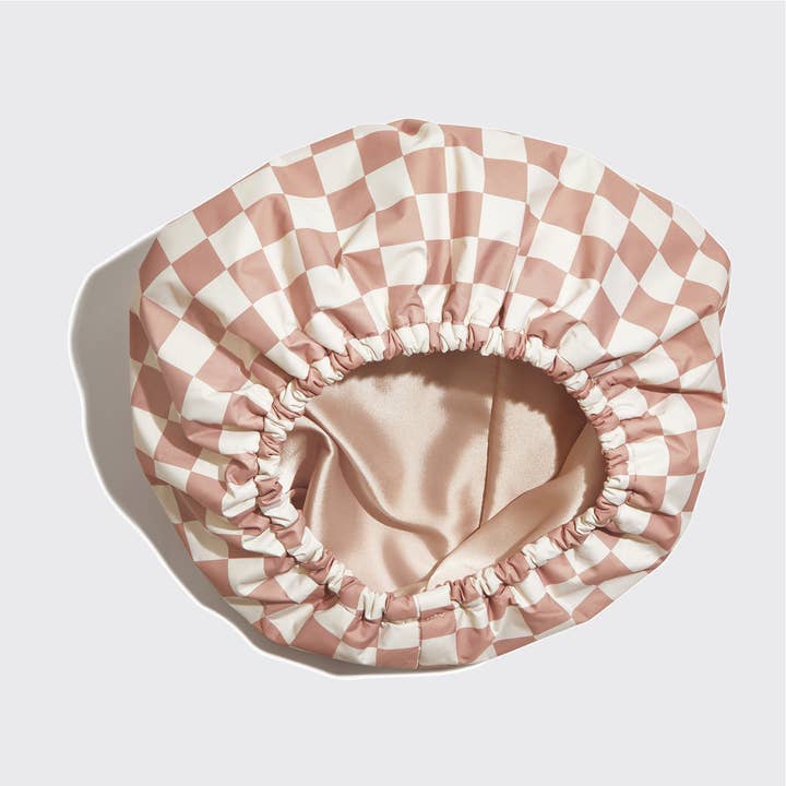 KITSCH - Wholesale Showercap - Satin Lined Flexi Shower Cap - Terracotta Checker