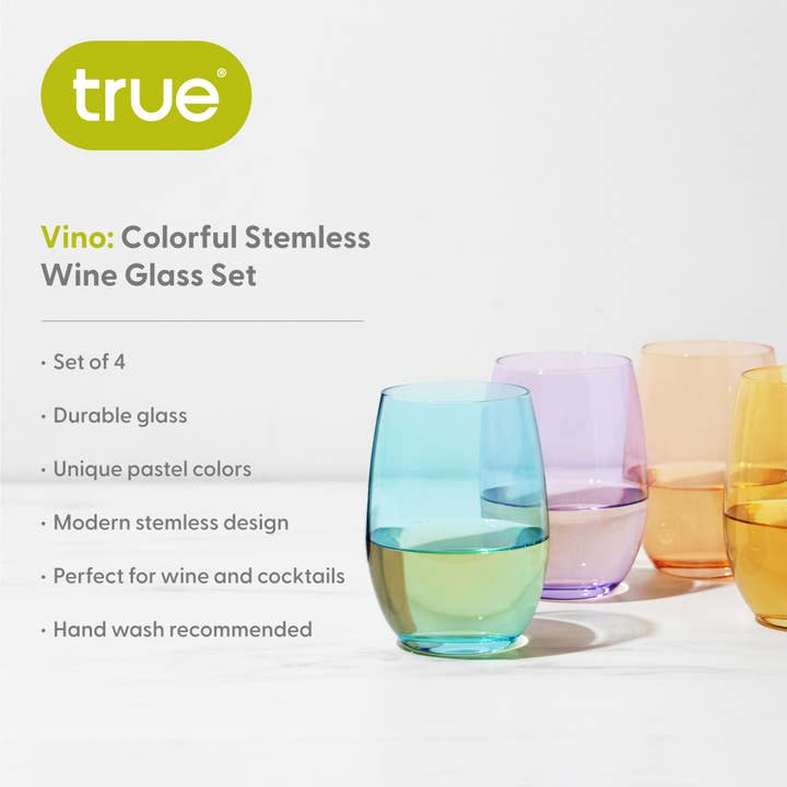 TRUE - Wholesale Wine Glass - Vino Colorful Stemless Wine Glasses - Set of 4 OR Set of 6