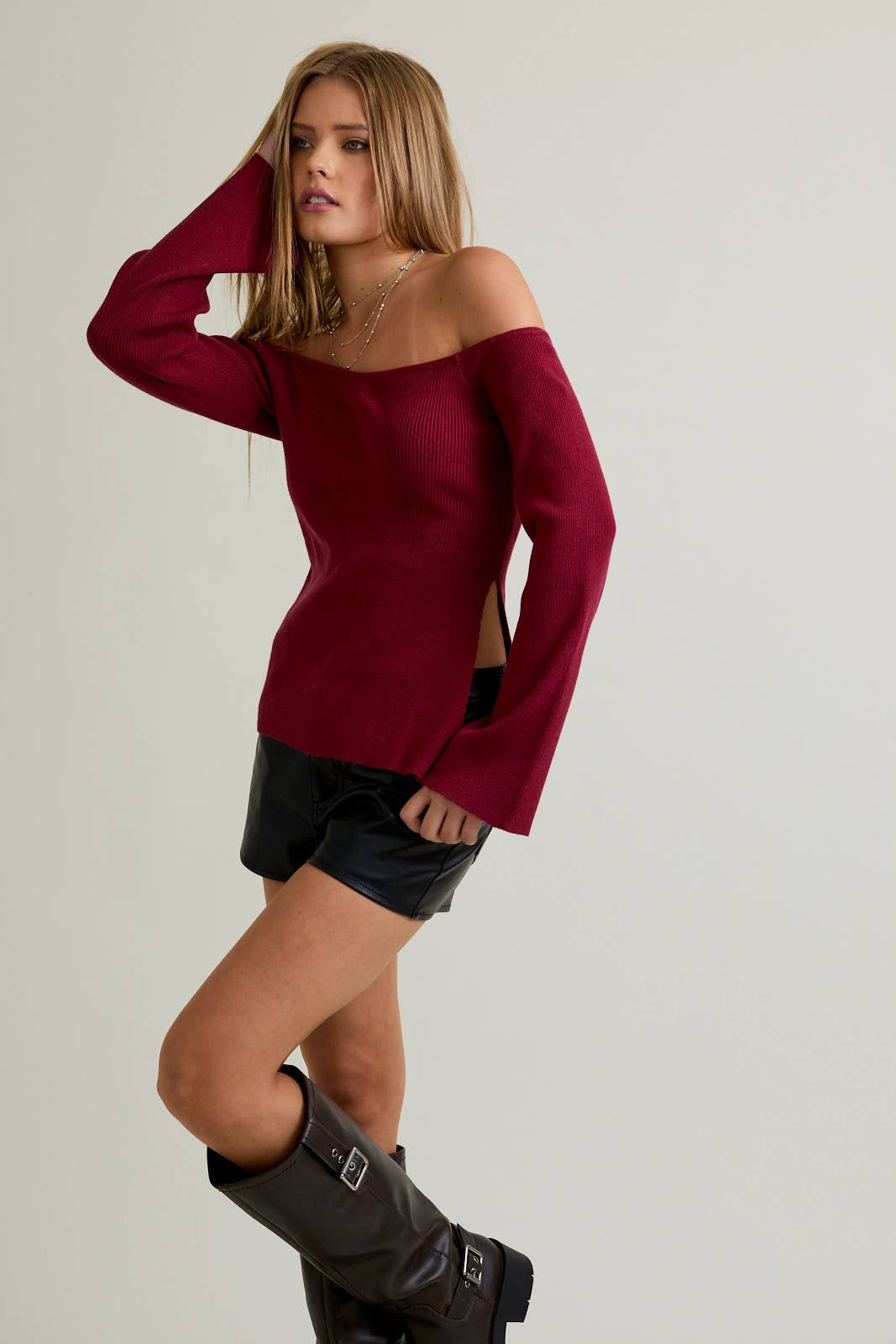 LE LIS - Vente Haut en maille – femme - Haut de pull à fente latérale et épaule dénudée