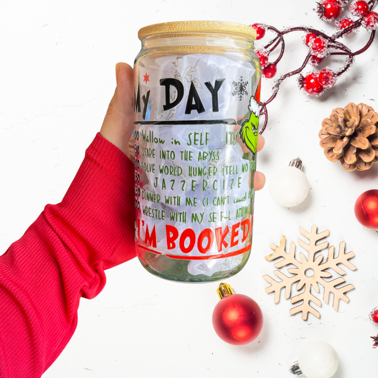 MySunshineCandless - Wholesale Drinking Glass/Cup - Christmas Grinch Cup 16oz Glass Can Cup With lid and Straw, Holiday Iced Coffee Glass, Beer Can Glass, Christmas gift for friend Christmas tumbler4