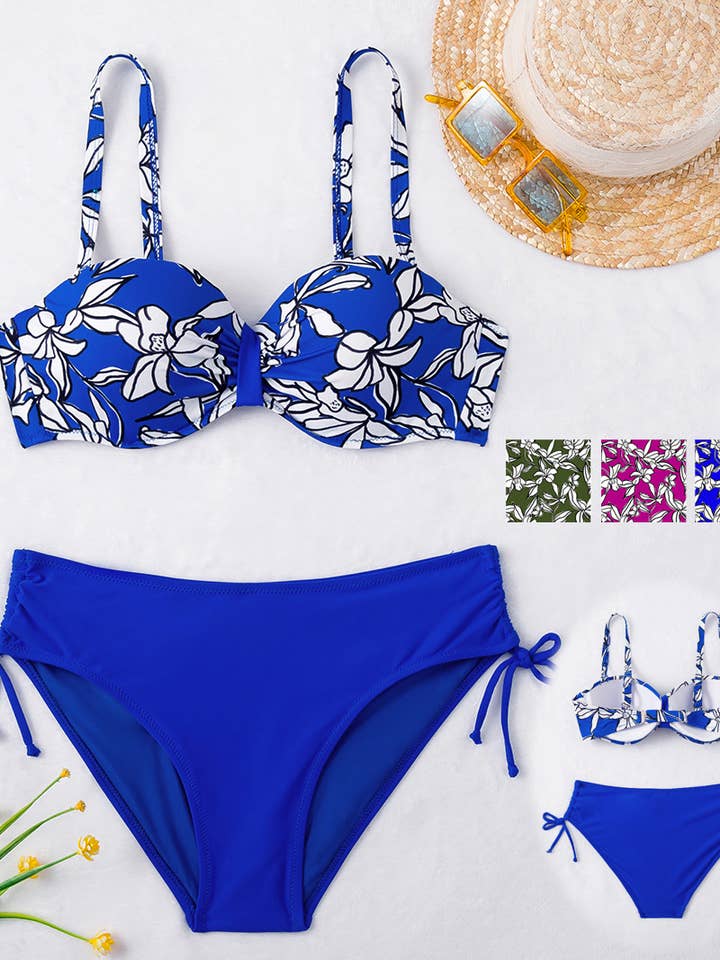 Badeanzug in großer Größe, zweiteiliges Bikini-Set mit weißem Blumenmuster für den Großhandel von Marine