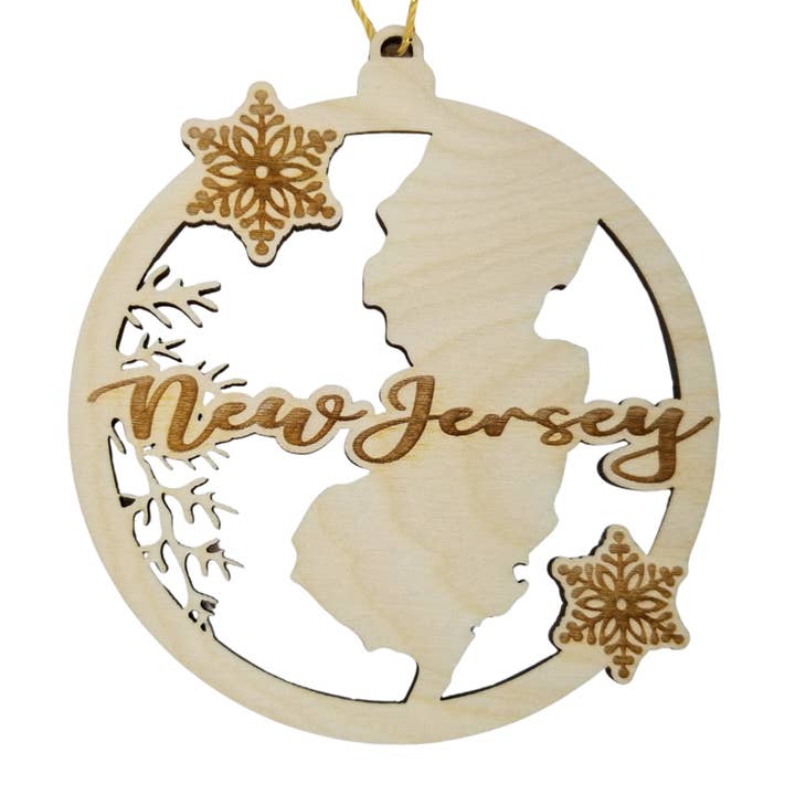 New Jersey Ornament - NJ State Shape with Snowflakes Cutout for wholesale by Happy Wood Products