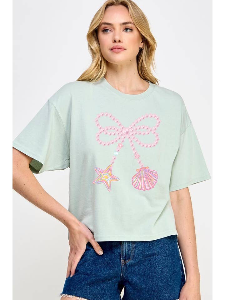 COLORBEAR - Wholesale T-shirt (graphic) – women's - Pink Clam Pearl Bow Graphic Relaxed Crop Top4