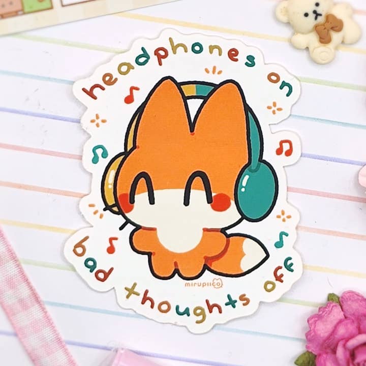 Headphones On 3in Vinyl Sticker for wholesale by mirupiico