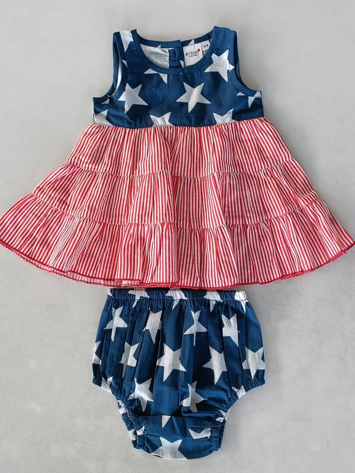 Yo Baby - Wholesale Dress - Kids - Stars & Red Striped Printed Tiered Gathered Dress7