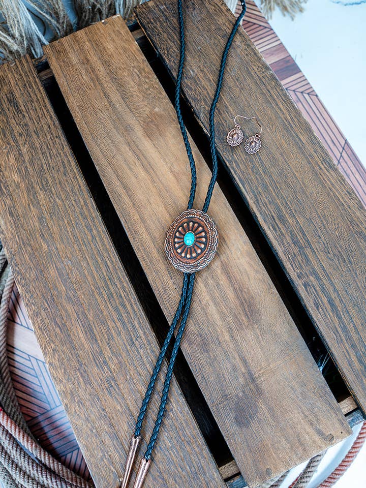 TIPI Carmel Concho Bolo Tie Necklace and Earring Set for wholesale by Wholesale Accessory Market