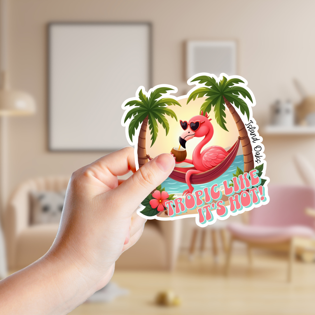 Shoreline Summit - Vente Autocollant - "Sticker souvenir personnalisé tropical flamant rose 'Tropic Like it's Hot'"1