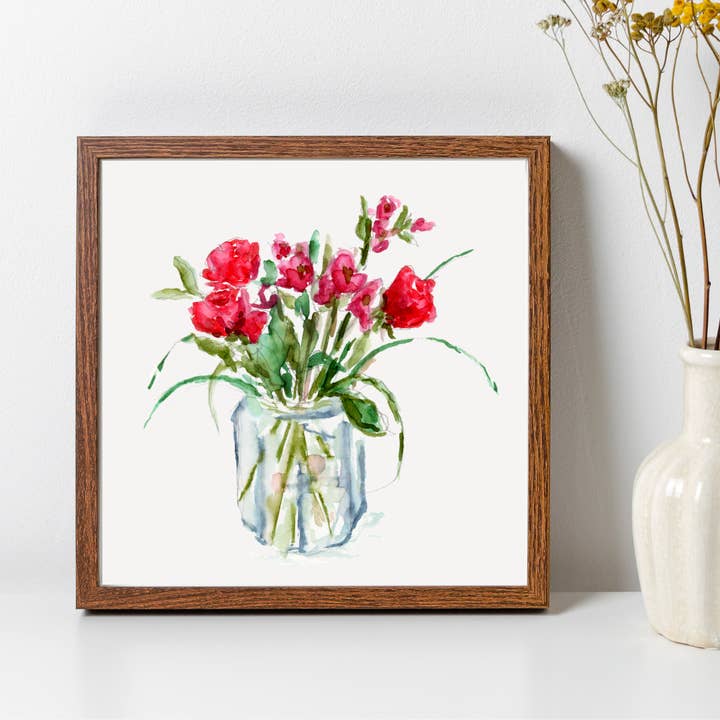 “Rosas Vermelhas em Frasco” Estampado Quadrado por atacado de Shelly Cluff Art