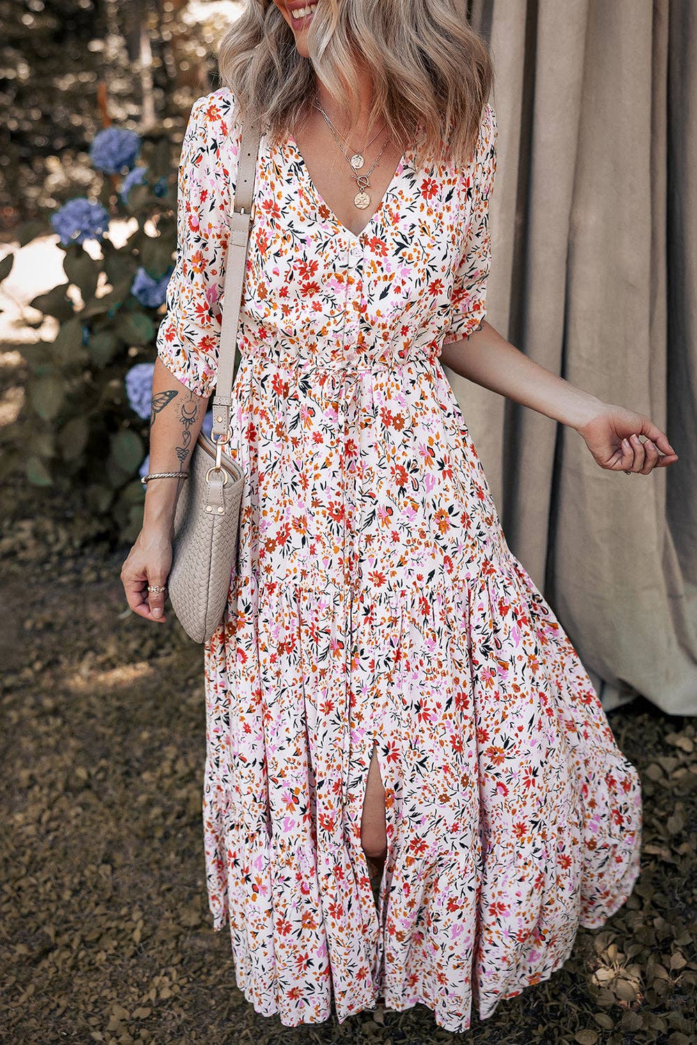 Red Boho Floral V-Neck Maxi Dress for wholesale on Faire2
