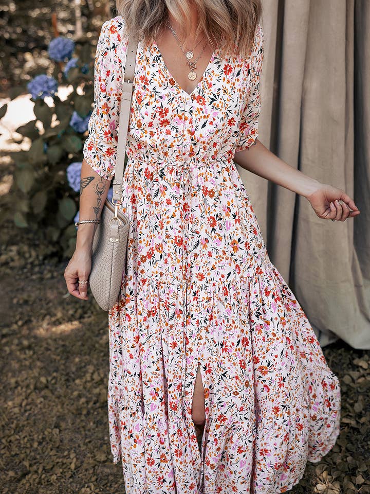 Rød Boho blomster V-hals maxi kjole for engroshandel på Faire2