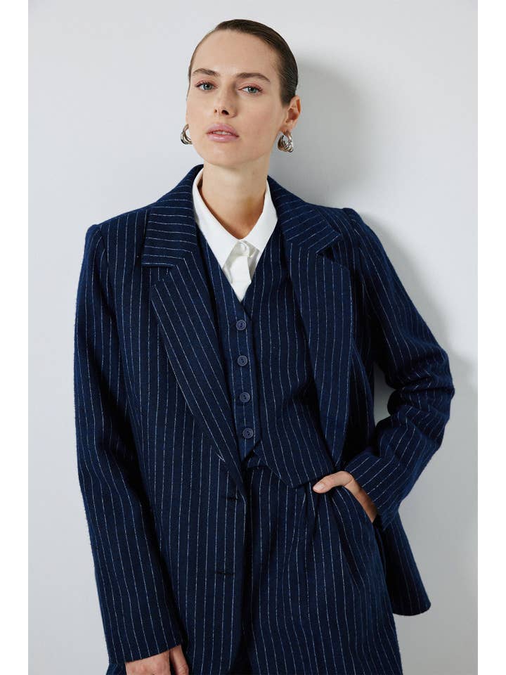 Navy Blue STRIPED 3-PIECE SUIT for wholesale on Faire