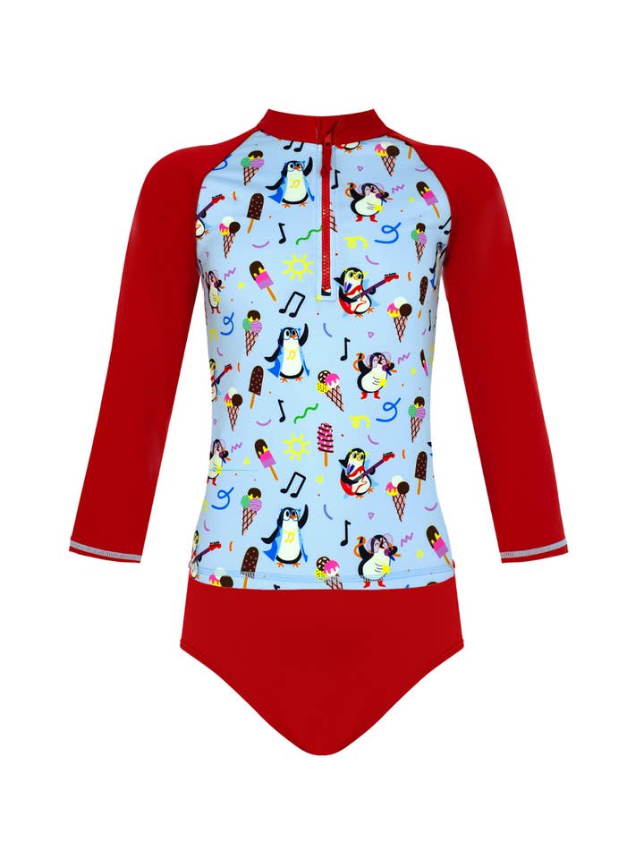 Penguin Print UPF50+ Girls Swim Set (Rashguard + Bottom) for wholesale by Daring Littles