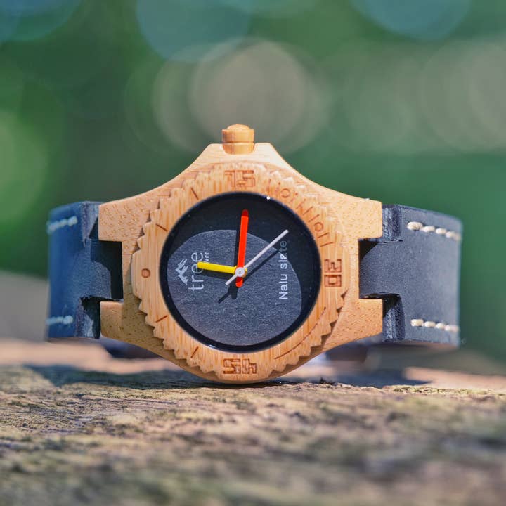 NALU Large Bamboo Watch Limited Edition Slate - Leather for wholesale by Treeless Products