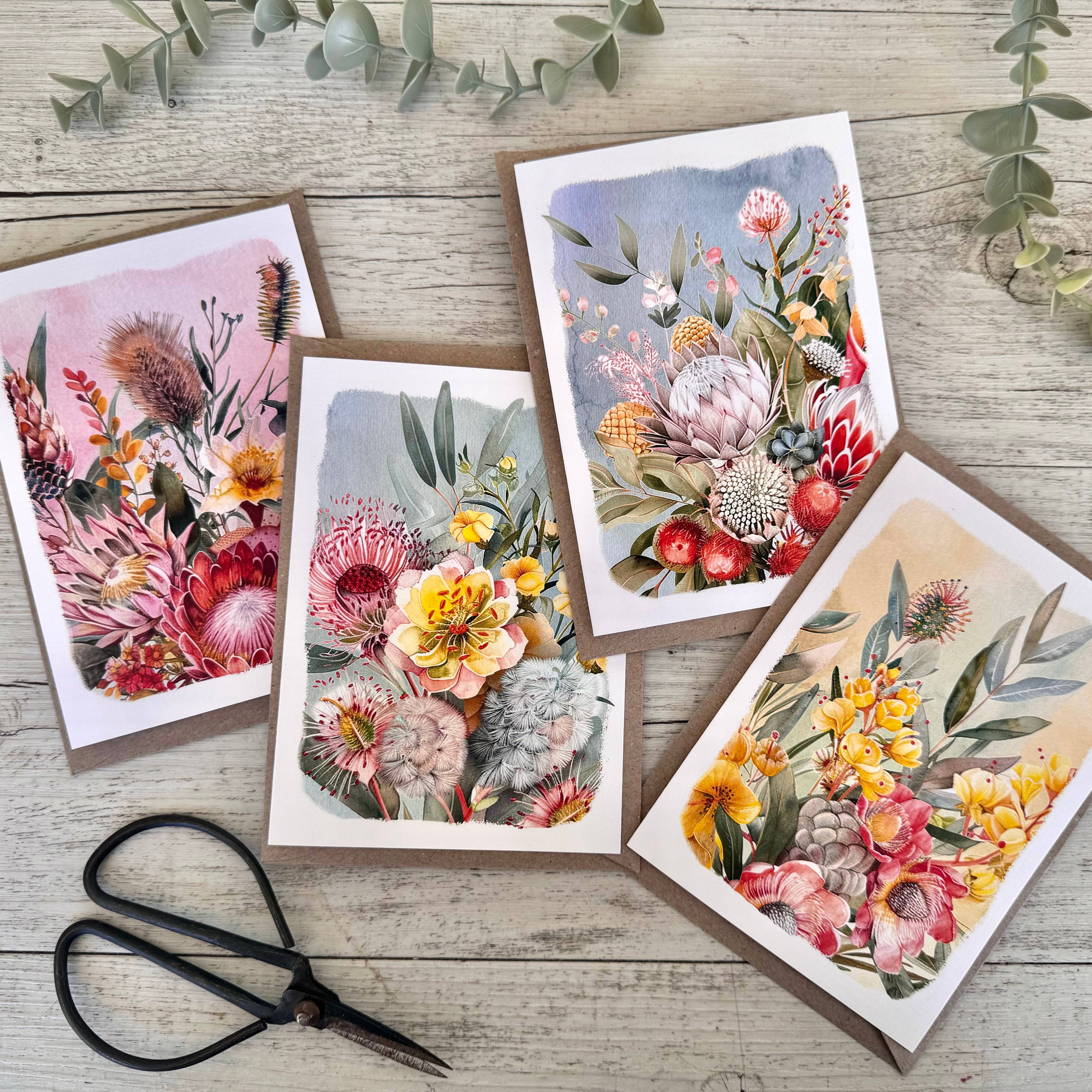 Scattered Seed Co - Wholesale Stationery/Notecard Set - AUSTRALIAN FLORALS with borders Blank cards set of 46
