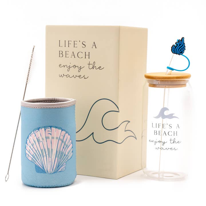 Ocean Gifts for Women - Cute Glass Cup with Lid and Straw, Customized Stopper and Soda Sleeve. Unique Themed Tumbler Drinking Cup with Bamboo Lid. Pretty Sea Theme Gifts for Women for wholesale by The Love Crate Co.