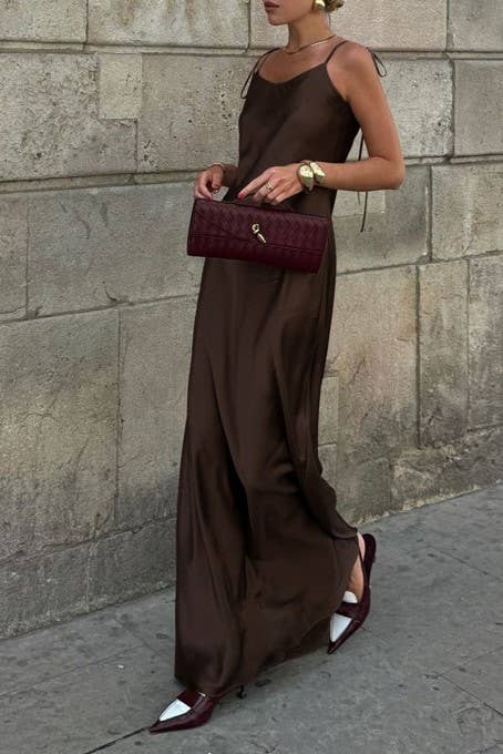 Brown open back sexy slip maxi dress with bow tie straps for wholesale on Faire12