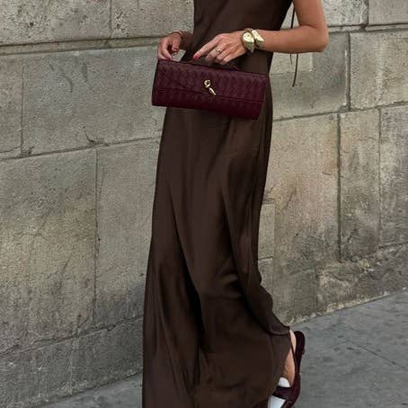 Brown open back sexy slip maxi dress with bow tie straps for wholesale on Faire12