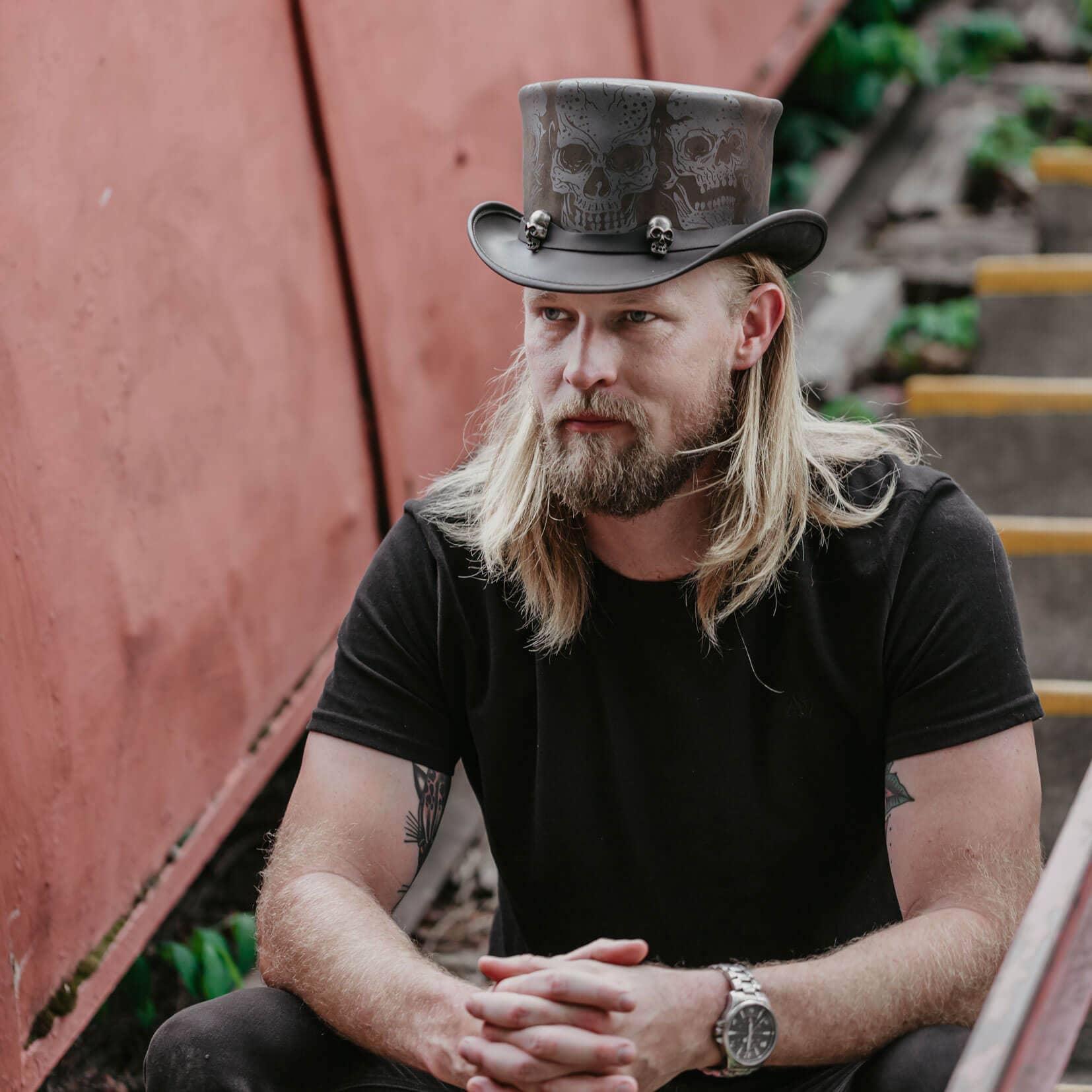 Zwart Biker Schedel Hoedband Leren Hoge Hoed - Stijl Zilveren Schedel voor groothandel op Faire5